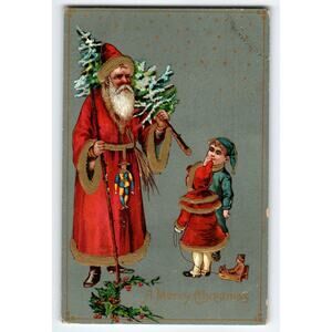 Vintage 1909 Old World Santa Claus Christmas Postcard Holds Tree Staff Stick